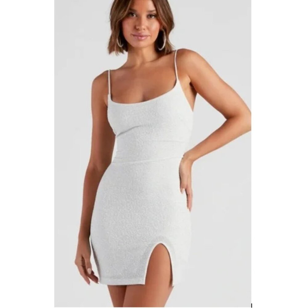 Windsor Shine Through Glitter Mini Dress, white, size M